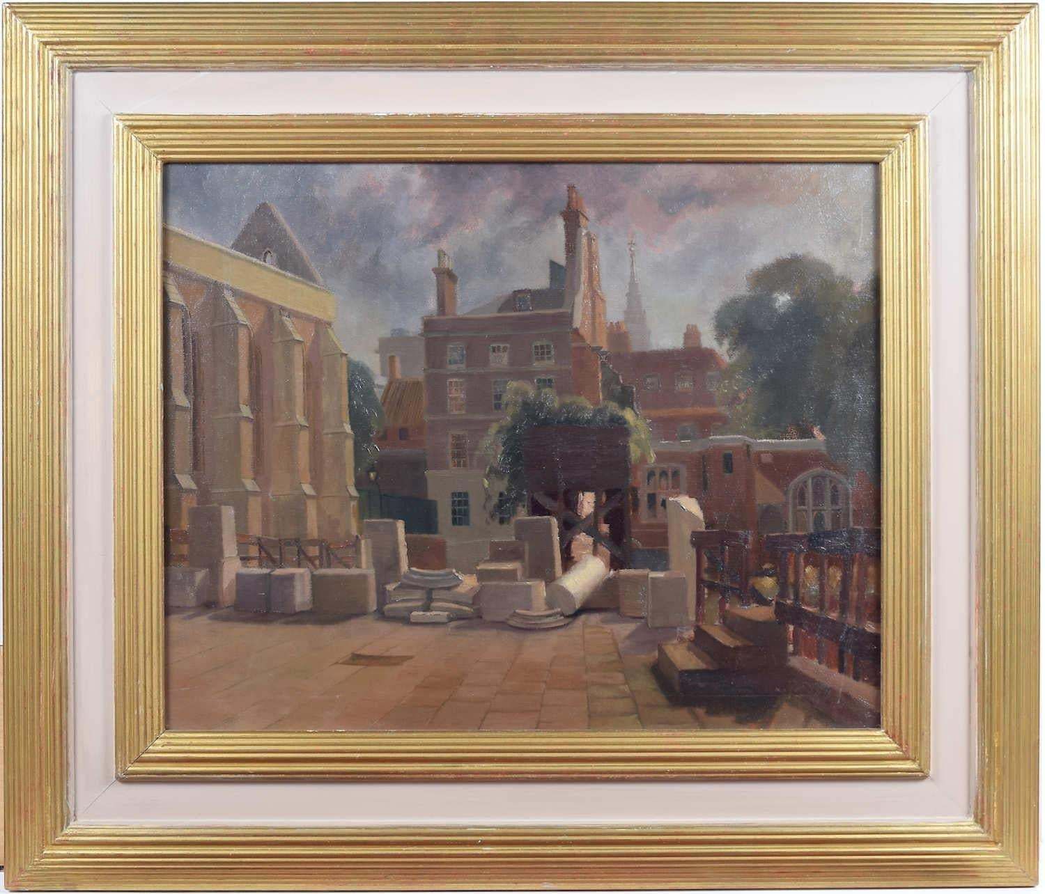 Clifford Charman Temple Church London After Bombing: Clifford Charman Painting Modern British Art C. 1945 photo furniture