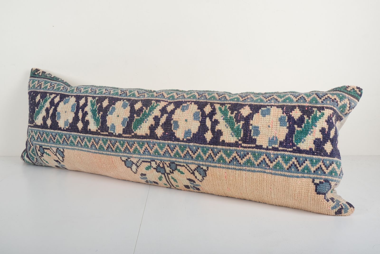 Decorative Turkish Long  Cover, Boho Decor, Faded Bedroom Hippie Oushak Rug Pillow, Lumbar Carpet Pillow 15'' X 44'' photo for sale