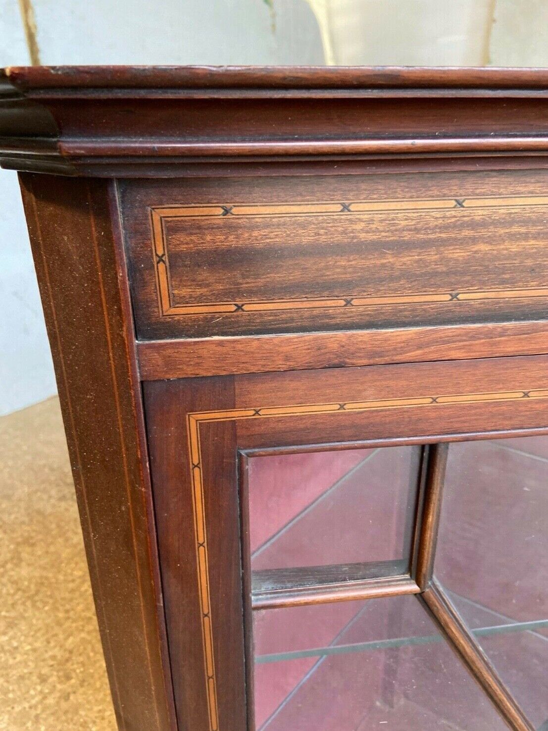 20thc Glazed Mahogany Wall Corner Cabinet Inlaid 2 Glass Shelves photo for sale