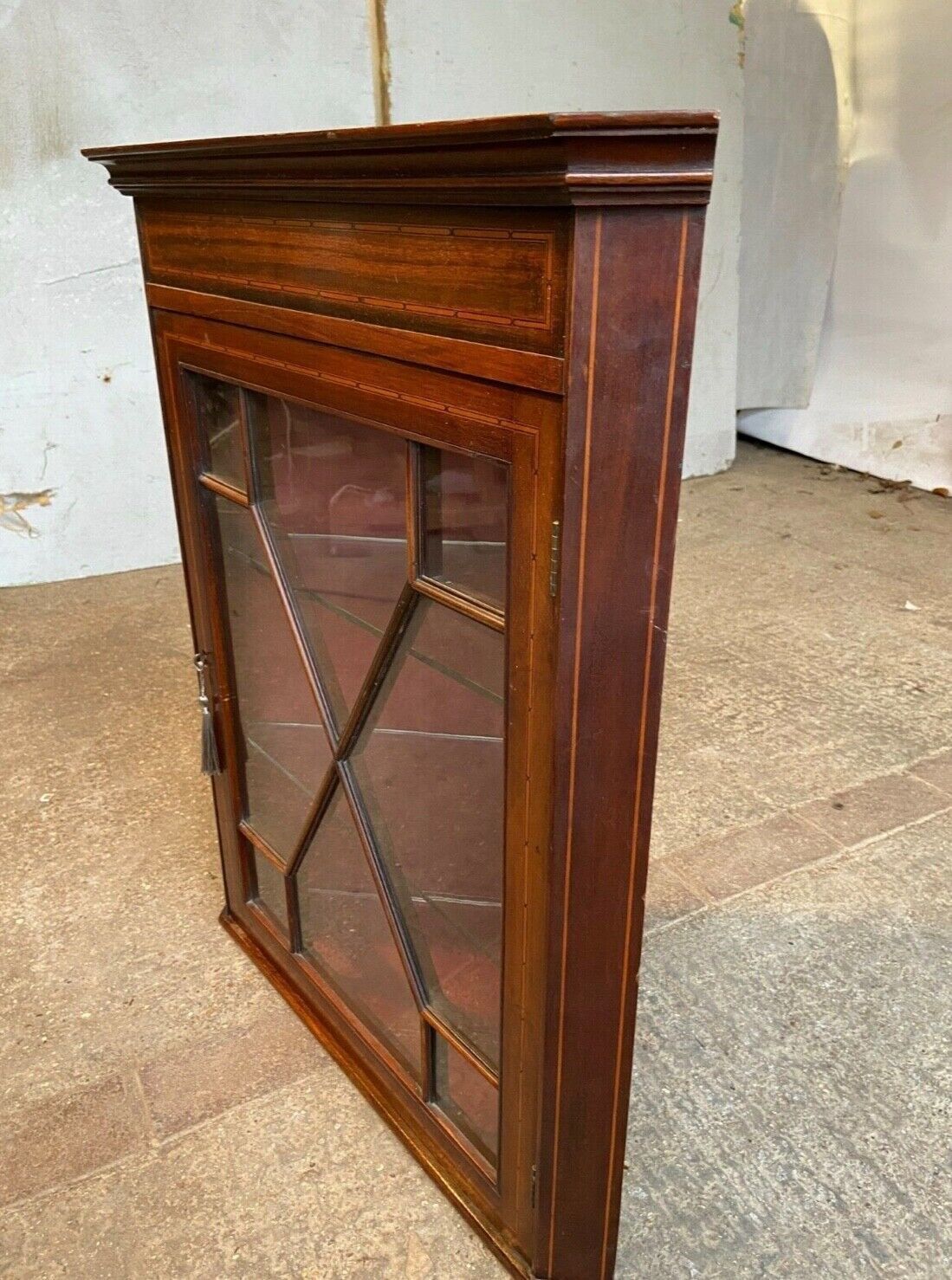 20thc Glazed Mahogany Wall Corner Cabinet Inlaid 2 Glass Shelves photo vinterior