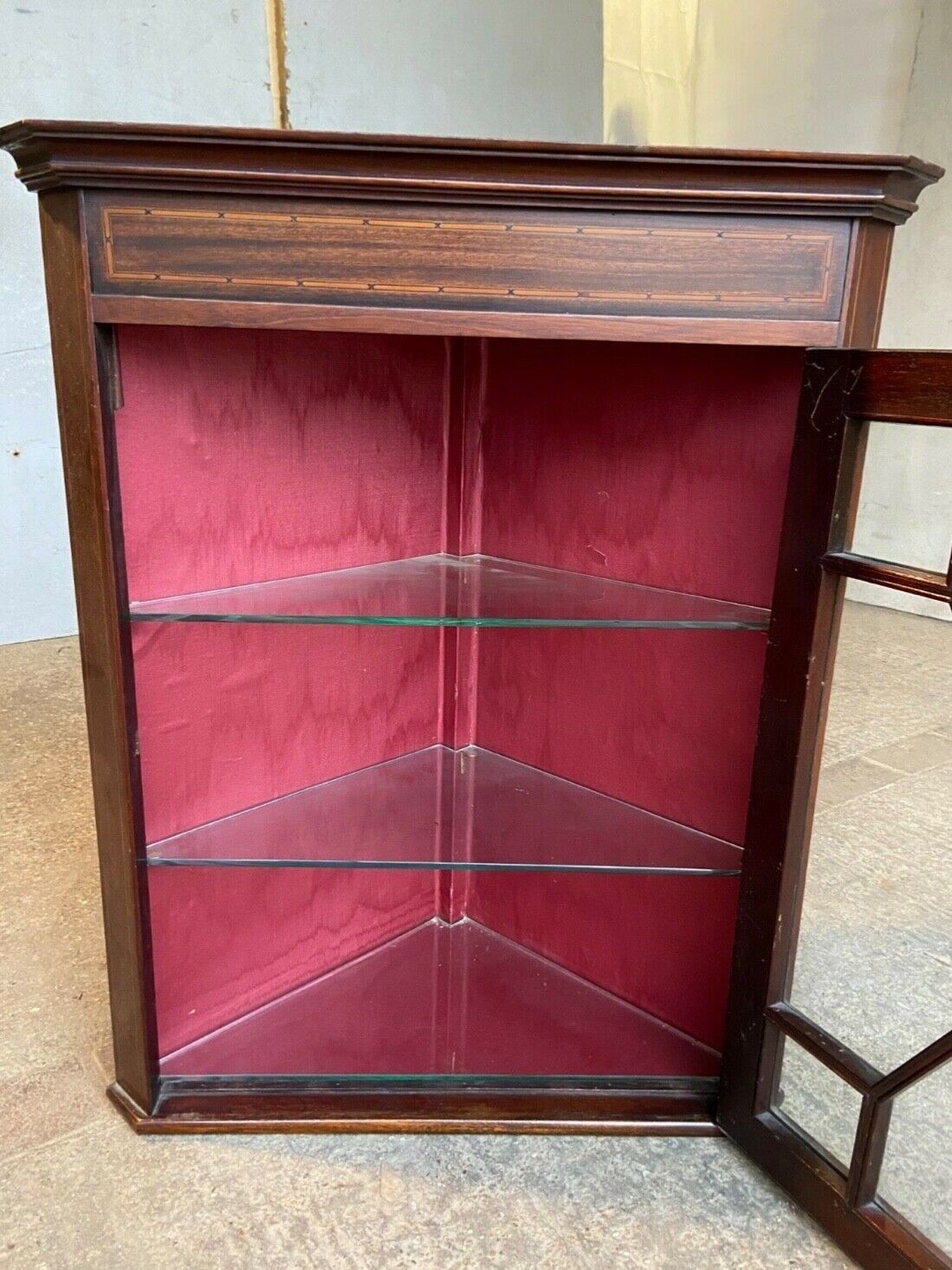 20thc Glazed Mahogany Wall Corner Cabinet Inlaid 2 Glass Shelves photo vintage