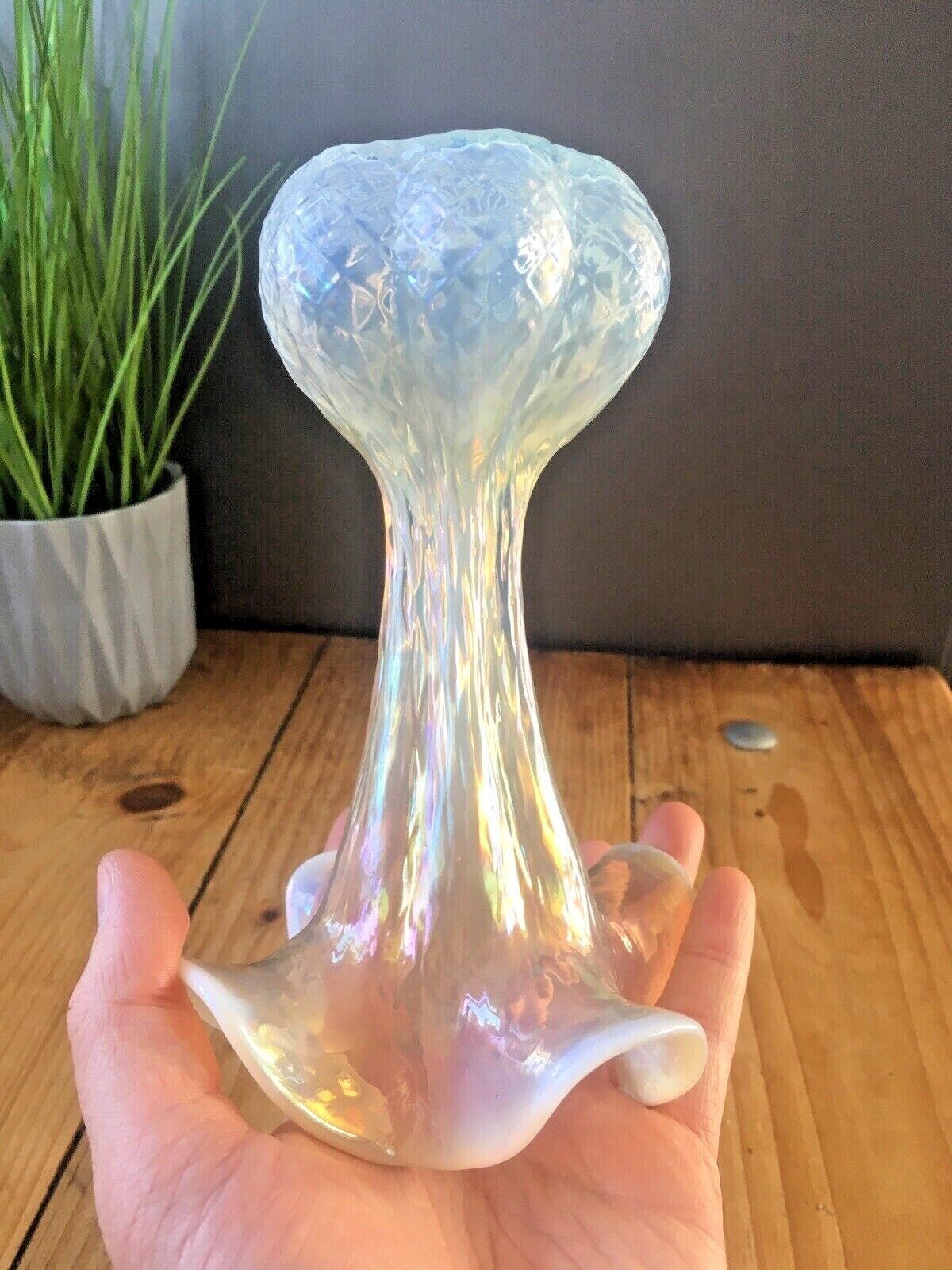 photo furniture Art Nouveau Bohemian Kralik Opalescent Ruffled Glass Bud Vase Mother Of Pearl