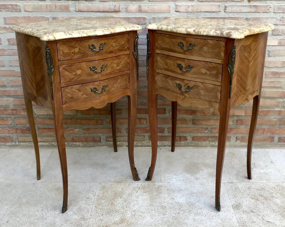 Mid Century Bedside Tables In French Walnut With Marquetry & Marble Top, Set Of 2 photo for sale