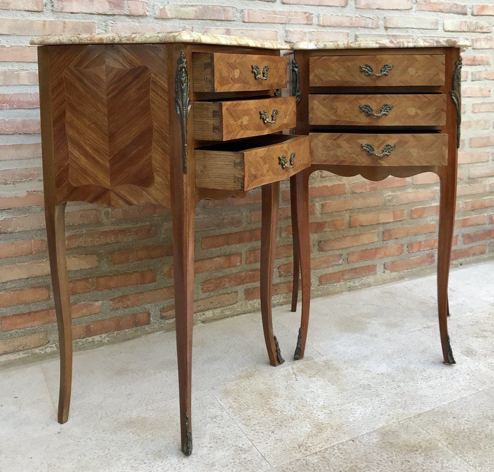 photo for sale Mid Century Bedside Tables In French Walnut With Marquetry & Marble Top, Set Of 2