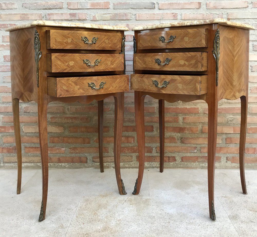 Furniture Mid Century Bedside Tables In French Walnut With Marquetry & Marble Top, Set Of 2 photo