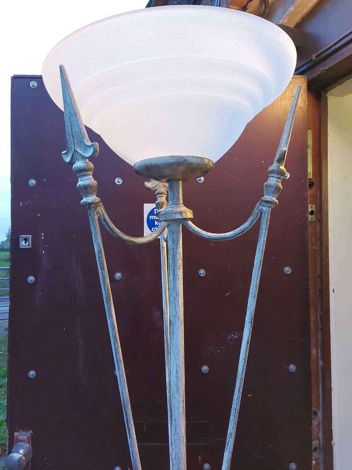 Very Decorative White Brush Effect On Brass Tall Standard Lamp With Frosted Shad photo furniture