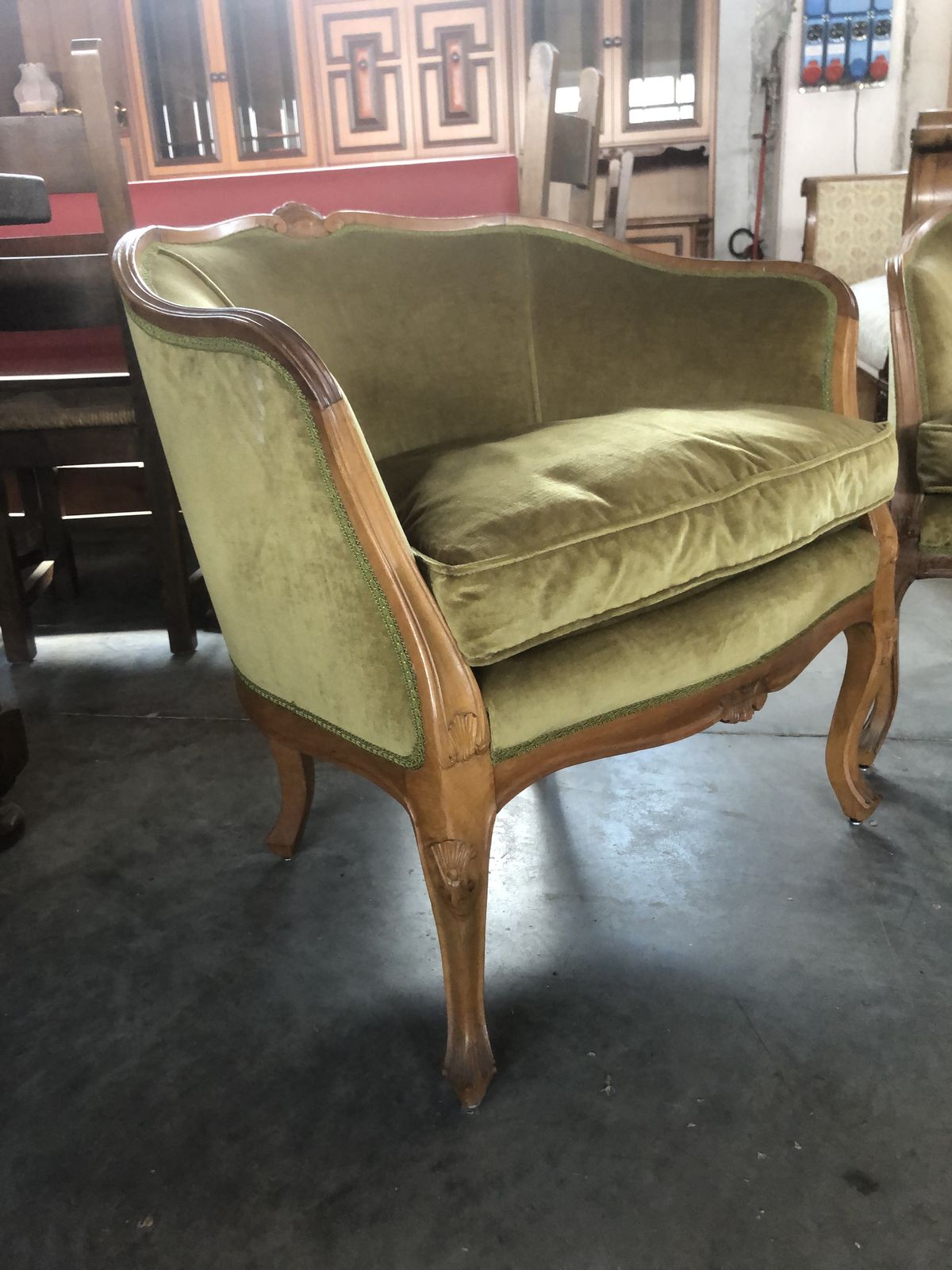 Furniture Mid 20th Century Italian Style Armchairs And Sofa In Walnut Wood Carved   Set Of 3 Pieces photo