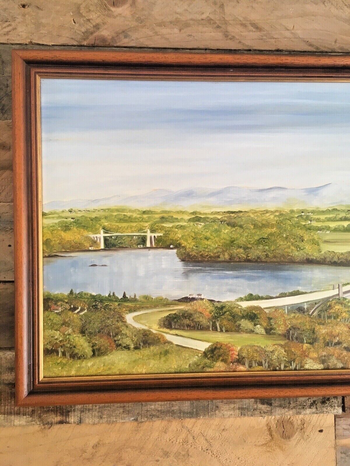 Large Original Margaret Hall Framed Oil Painting Menai Britannia Bridge Anglesey photo furniture