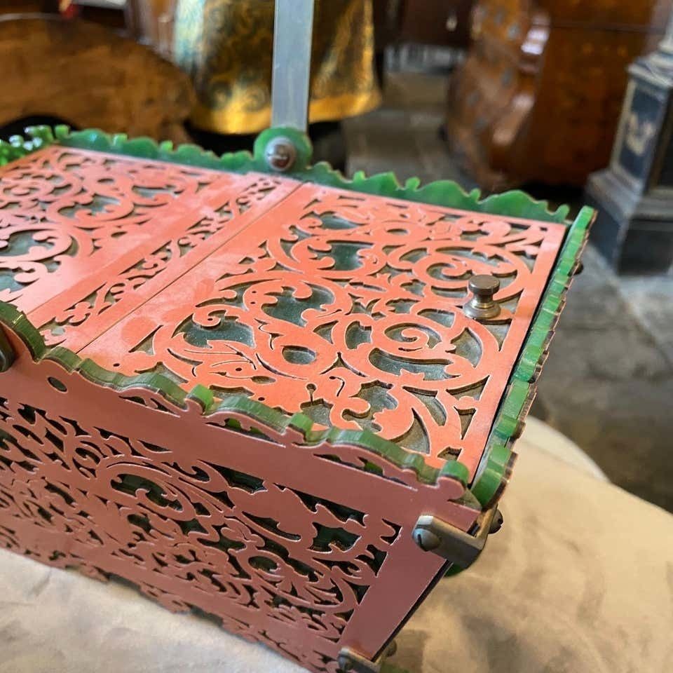 1960s Green And Pink Plexiglass And Brass Italian Basket photo furniture