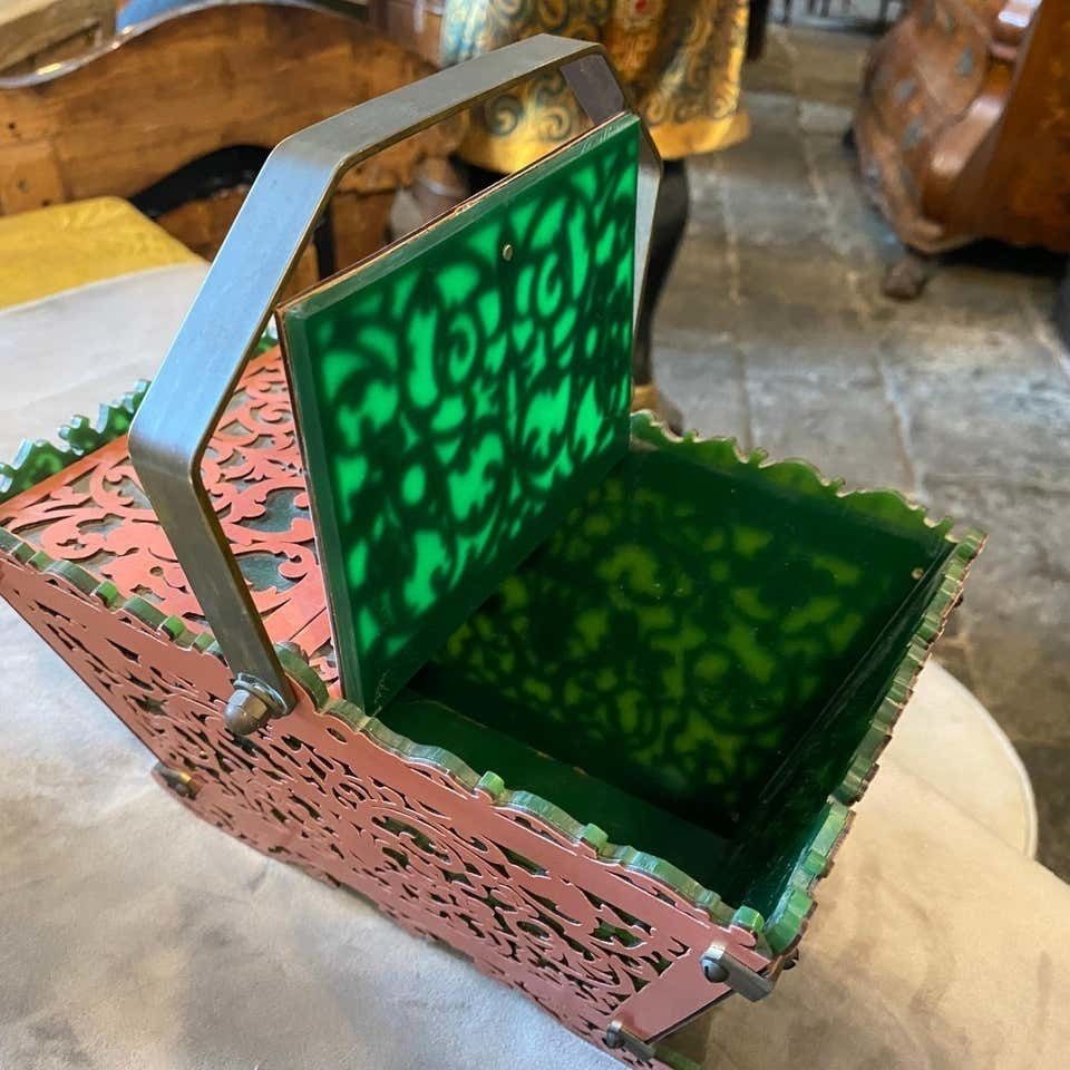1960s Green And Pink Plexiglass And Brass Italian Basket photo Home Decor