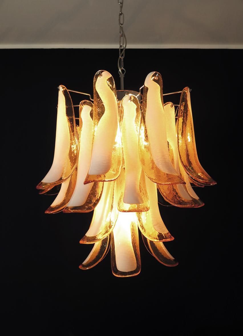 photo for sale Pair Of Italian Murano 26 Amber Petals Chandeliers, Murano