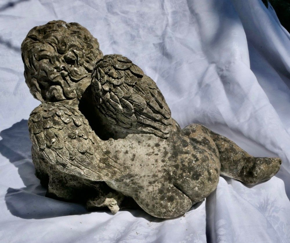French Weathered Stone Statue Of A Sleeping Putti, Baby Cherub With Wings photo Garden Decor