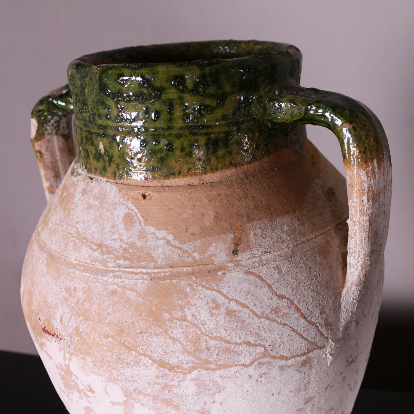 Turkish Antique Water Pot With Green Glaze And Original White Paint 1900 photo for sale