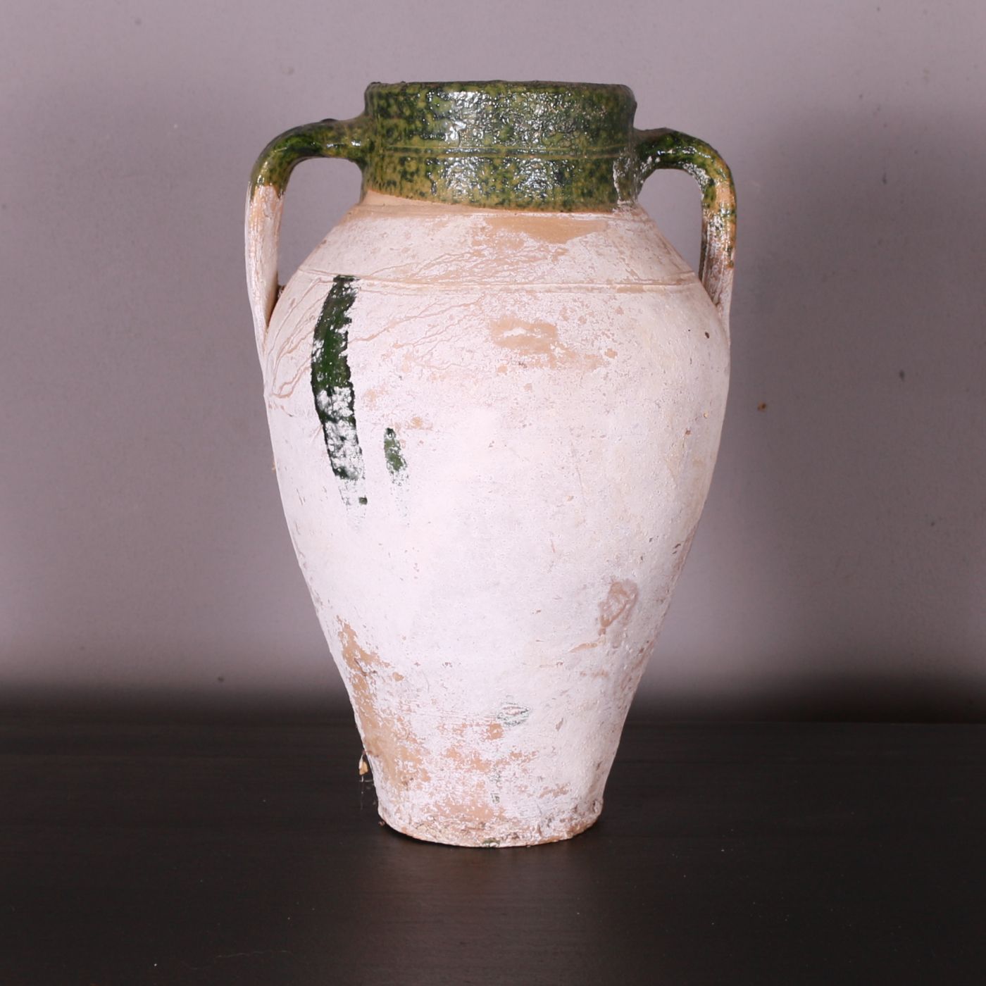 Turkish Antique Water Pot With Green Glaze And Original White Paint 1900