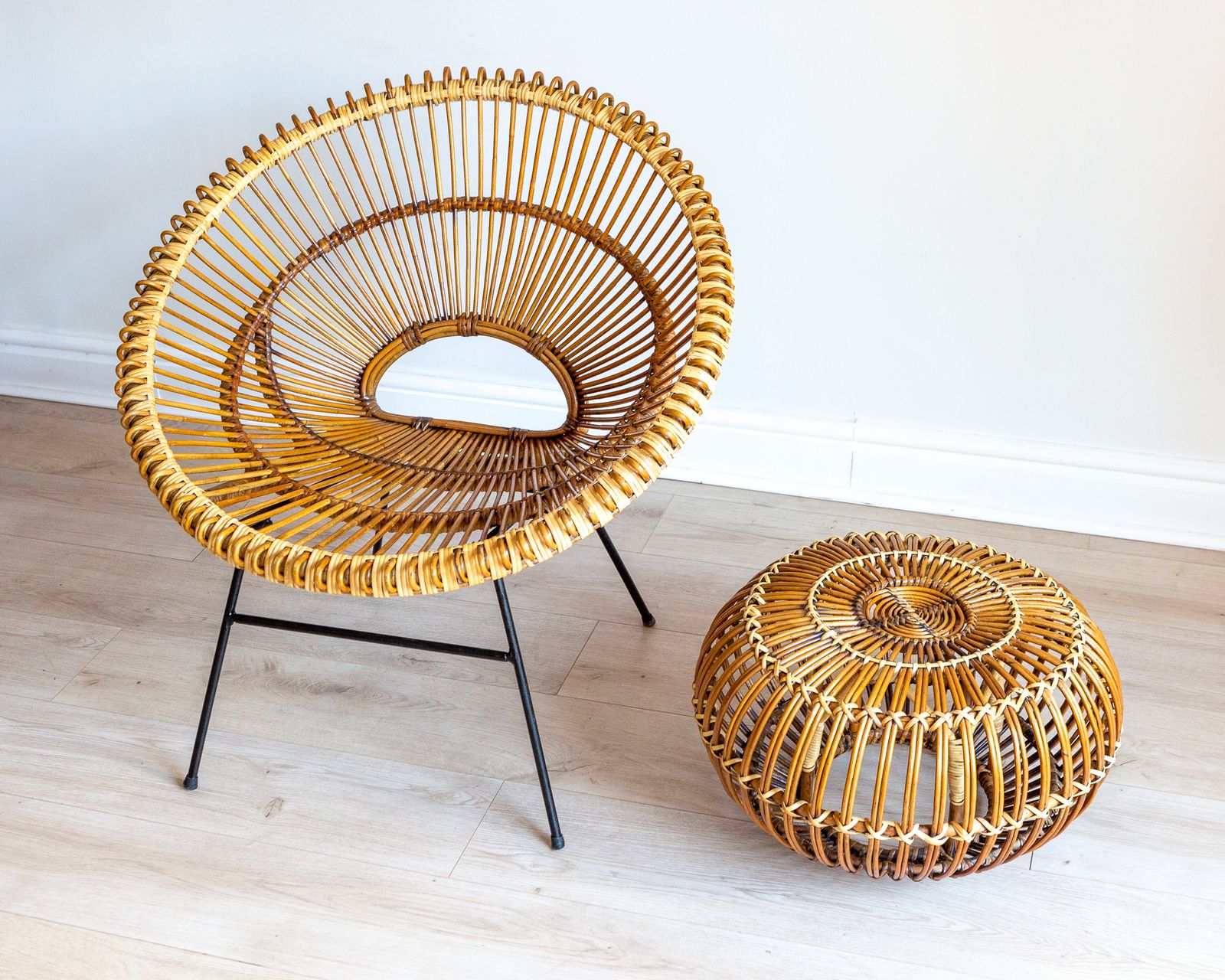 photo for sale Franco Albini And Janine Abraham & Dirk Jan Rol Sunburst Chair & Lobster Pot Ottoman Footstool 1950s Mcm