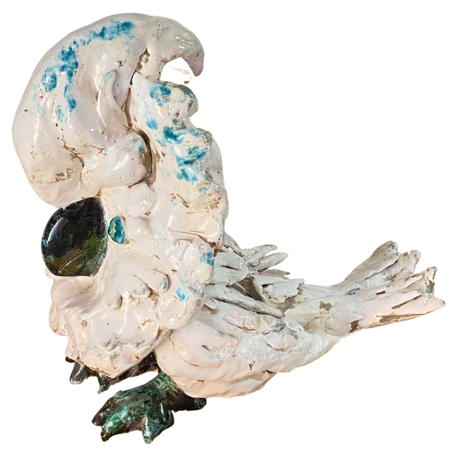 Ceramic Bird Sculpture, Enameled, White, Blue And Green Color, France 1960