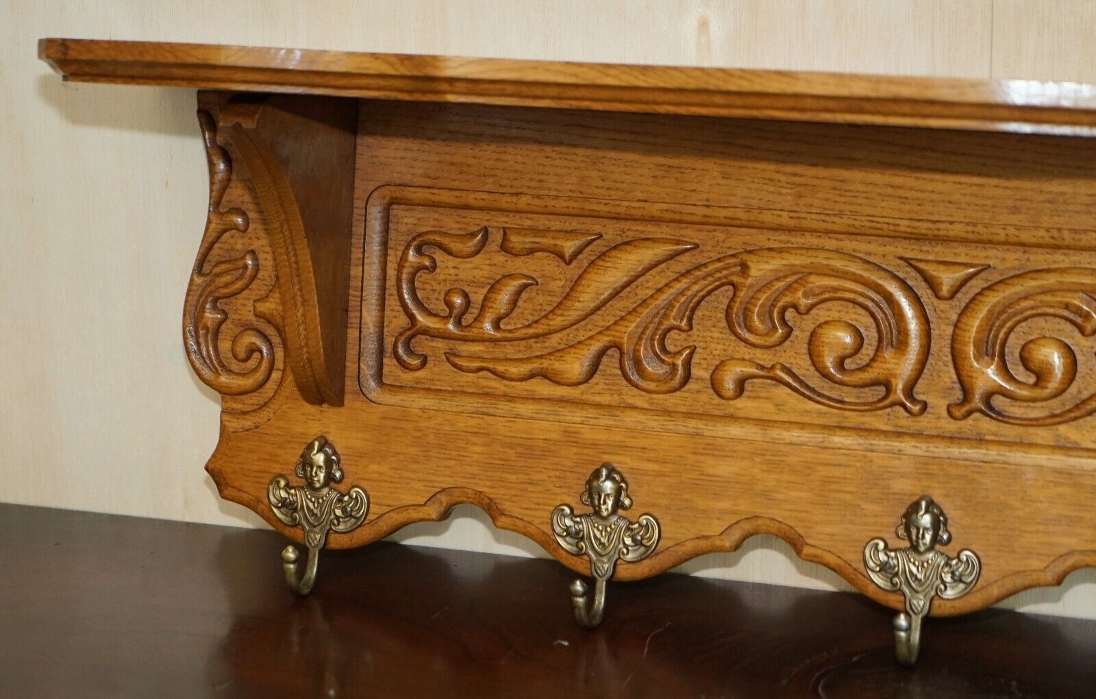 Antique Dutch Hand Carved Oak Coat Hat Scarf Wall Rack Hanger French Hooks photo Furniture
