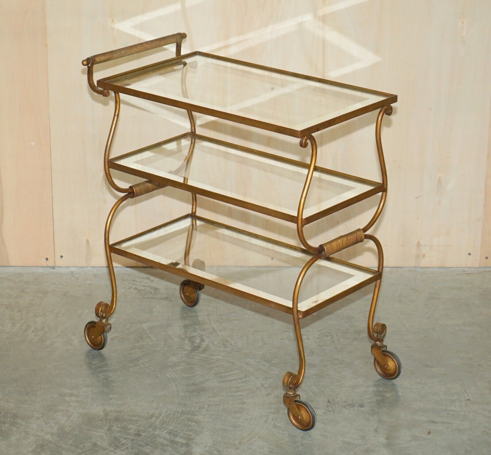 Stunning Antique Italian Circa 1950's Brass & Glass Tea Cake Serving Trolley