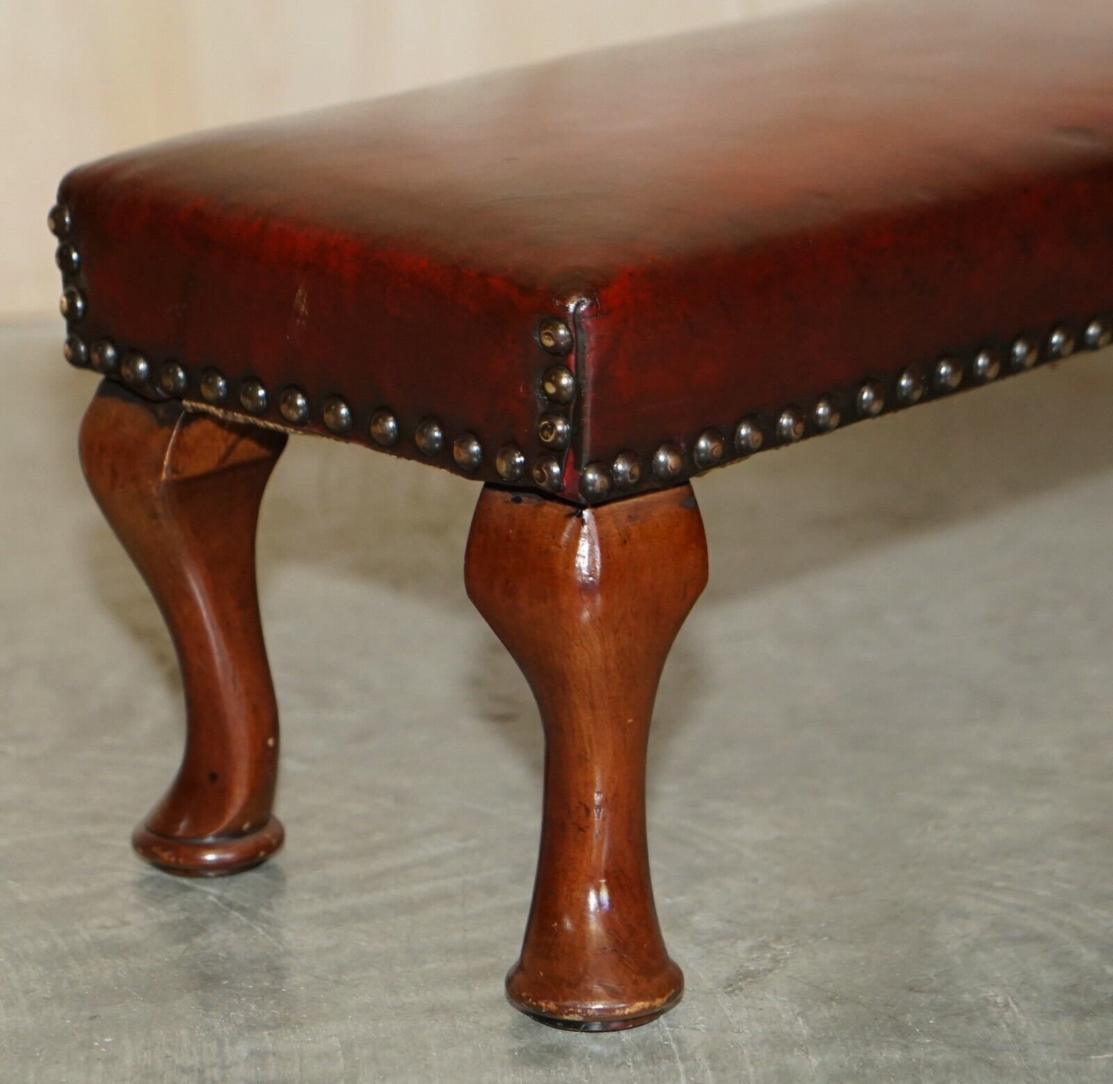 Antique Cabriolet Leg Fully Restored Hand Dyed Bordeaux Leather Tufted Footstool photo vinterior