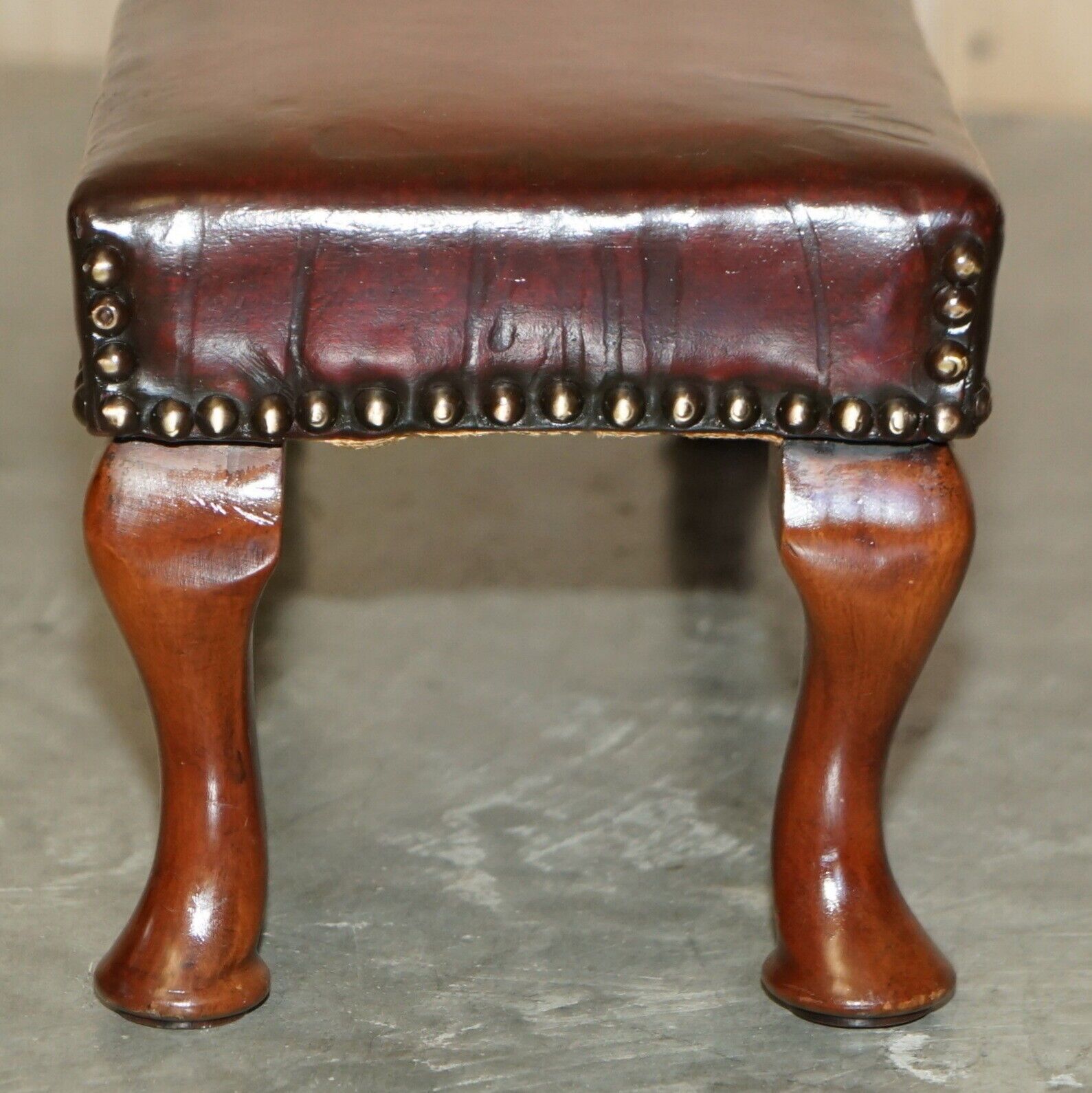 Furniture Antique Cabriolet Leg Fully Restored Hand Dyed Bordeaux Leather Tufted Footstool photo