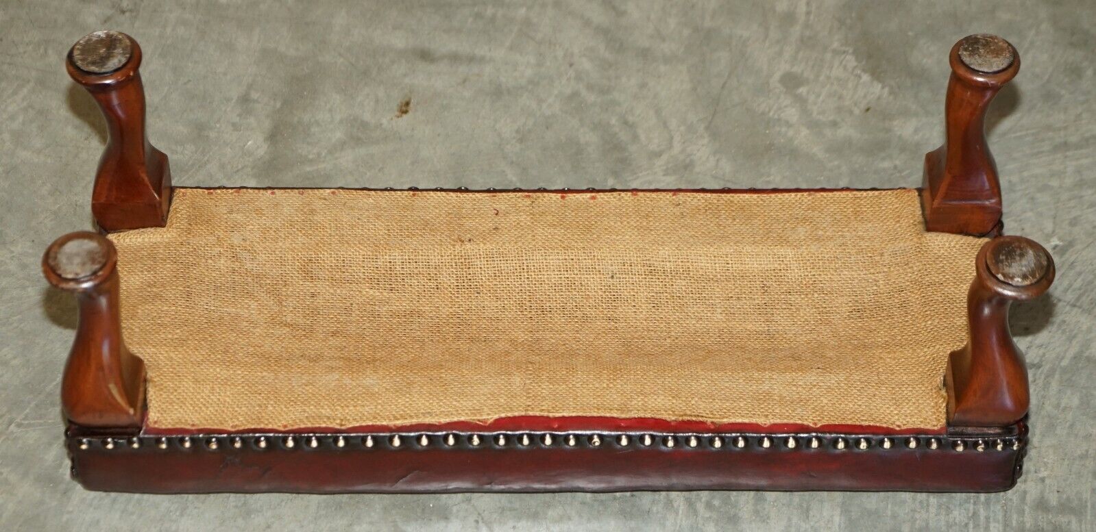 950.0 Antique Cabriolet Leg Fully Restored Hand Dyed Bordeaux Leather Tufted Footstool photo