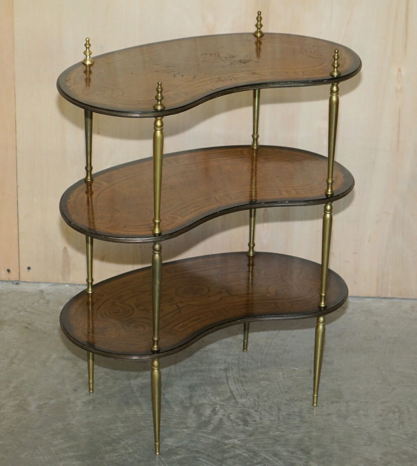 Fine Pair Of Antique Continental Three Tier Kidney Shaped Brass Etagere Tables photo for sale