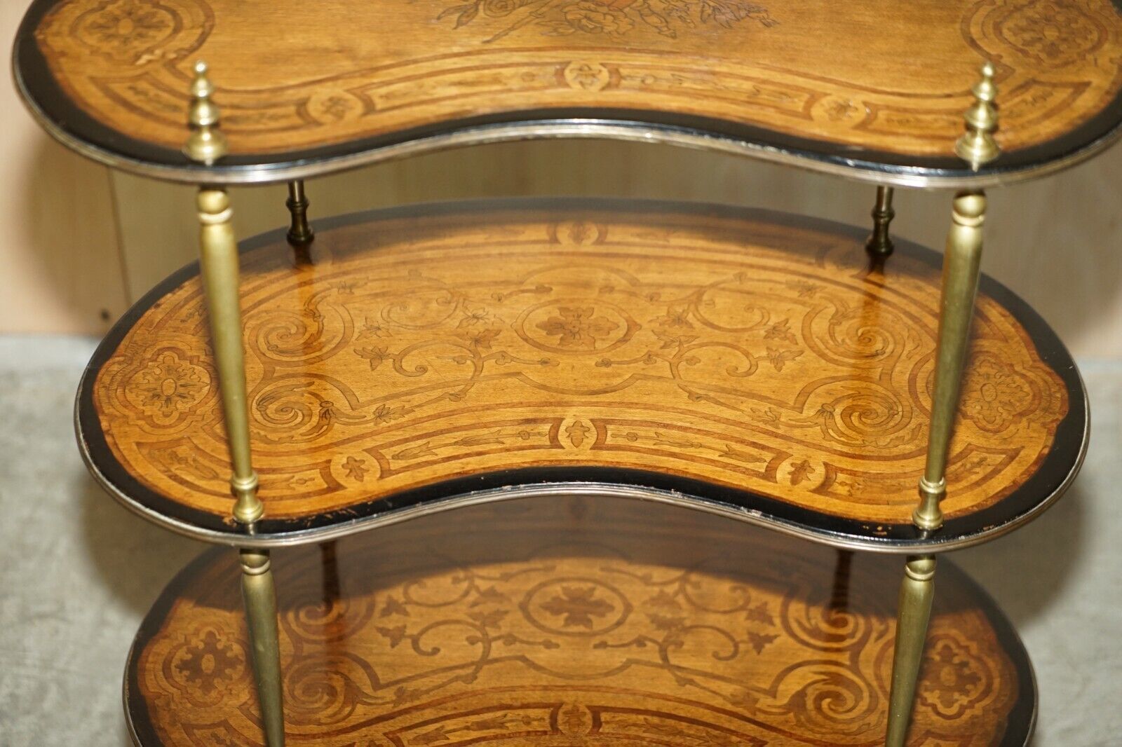 Fine Pair Of Antique Continental Three Tier Kidney Shaped Brass Etagere Tables photo buy
