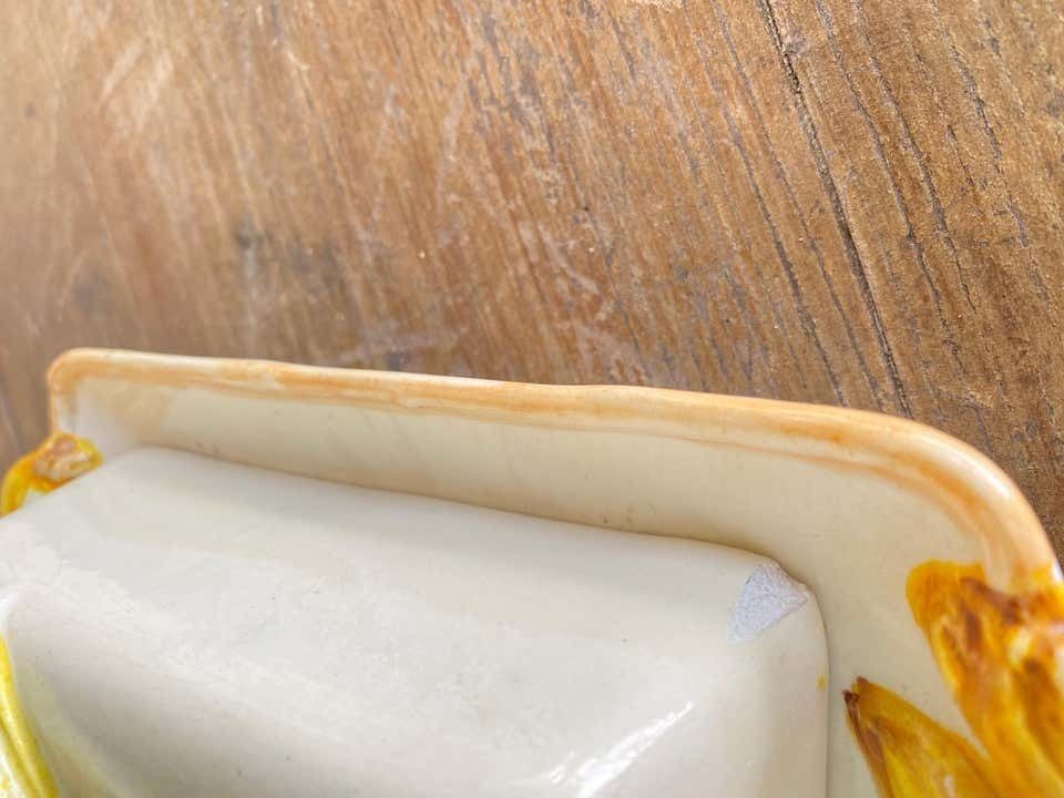 Butter Dish, Ceramic In The Style Of Majolica, Yellow Color, Portugal Circa 1970 photo vinterior