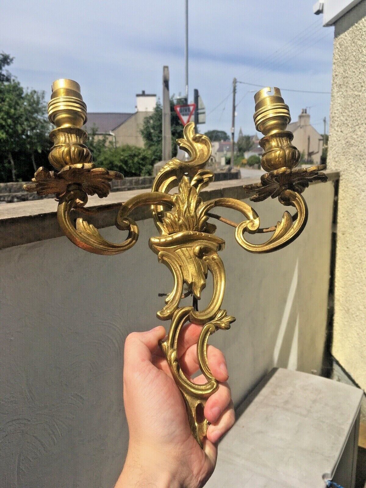 photo furniture Antique French Louis XV Style Heavy Brass / Bronze Twin Wall Light Candle Sconce