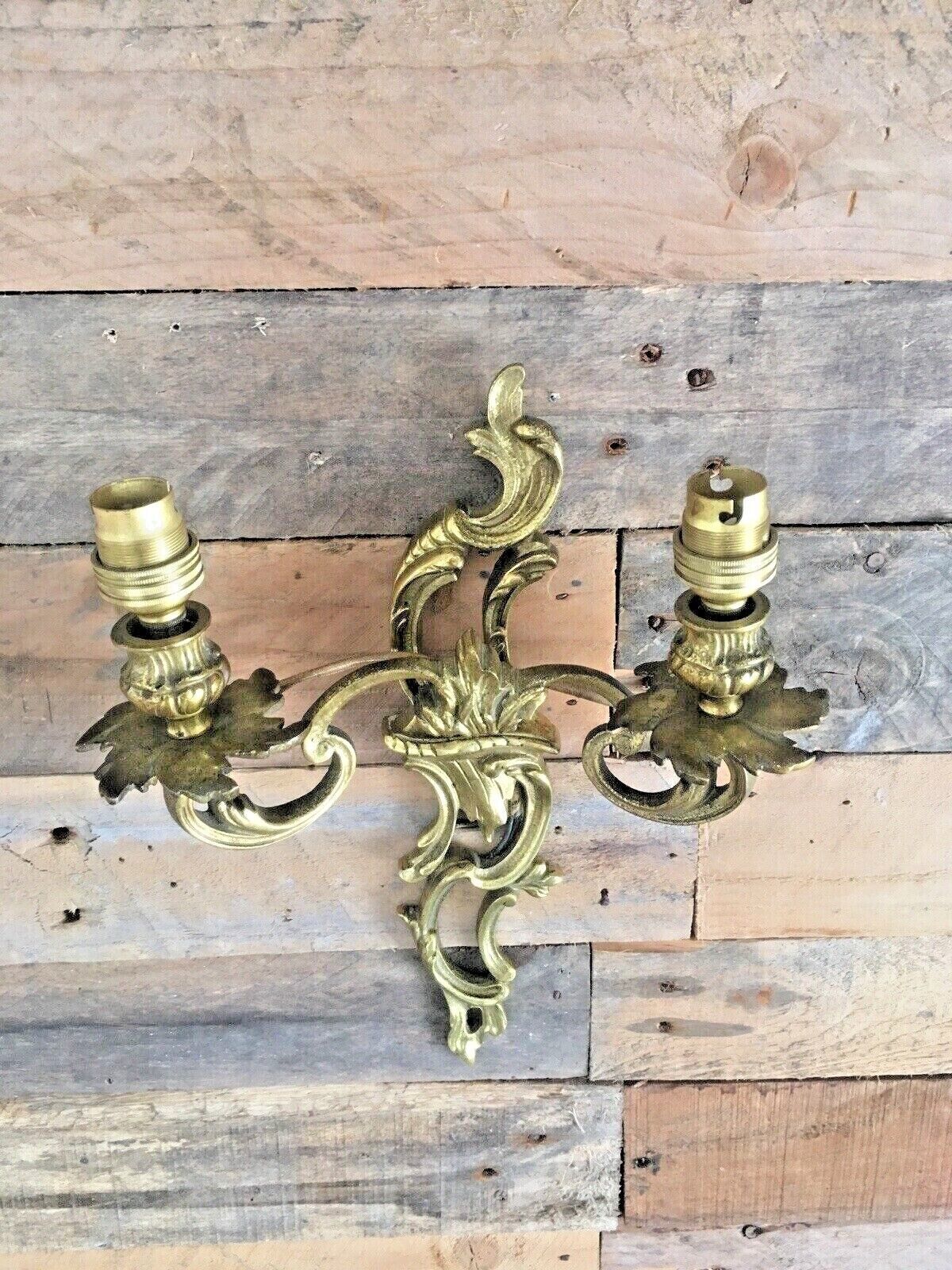 Lighting Antique French Louis XV Style Heavy Brass / Bronze Twin Wall Light Candle Sconce photo