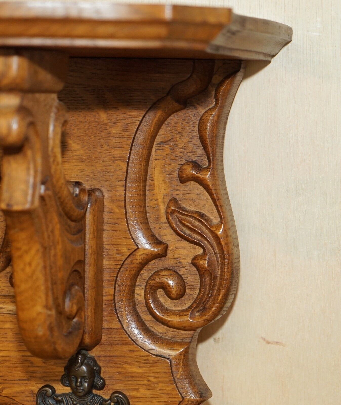 Ornately Carved Cherub Dutch Oak Coat Hat Scarf Wall Rack Hanger Bronze Hooks photo vinterior