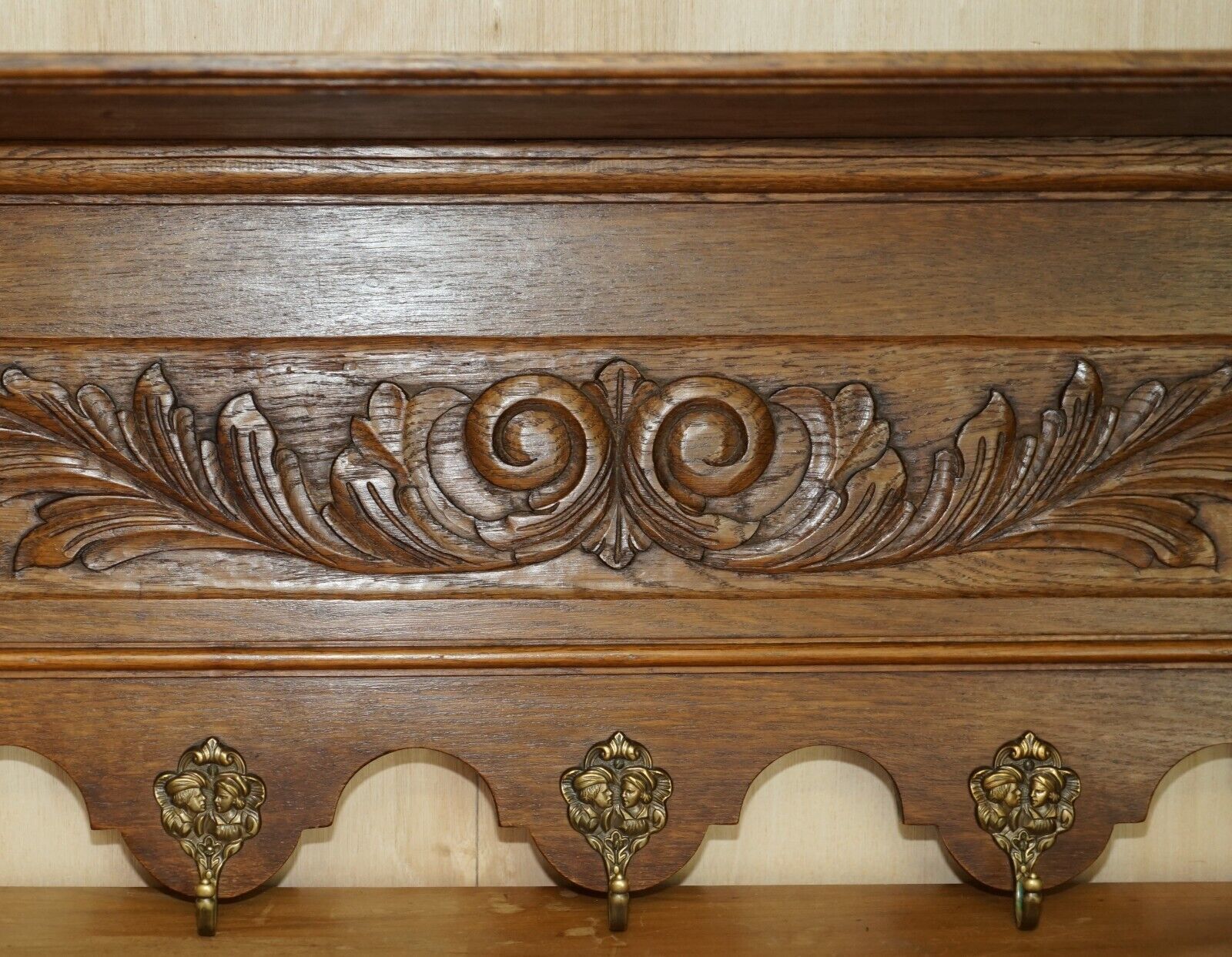 Lovely Dutch Heavily Carved Oak Coat Hat Scarf Wall Rack Hanger Romantic Hooks photo Furniture