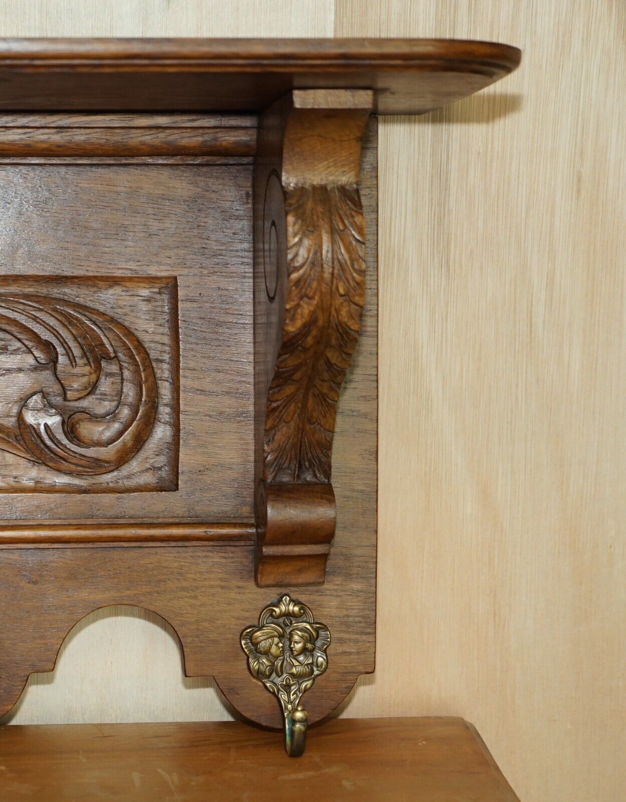 Lovely Dutch Heavily Carved Oak Coat Hat Scarf Wall Rack Hanger Romantic Hooks photo buy