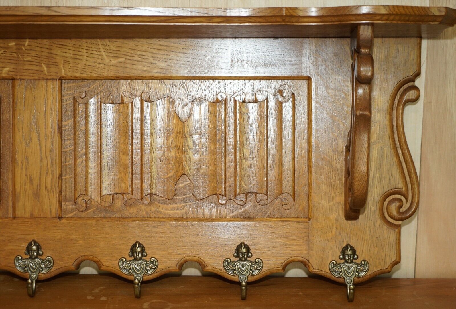 Elegent Dutch Carved Oak Coat Hat Scarf Wall Rack Hanger French Royal Hooks photo vinterior