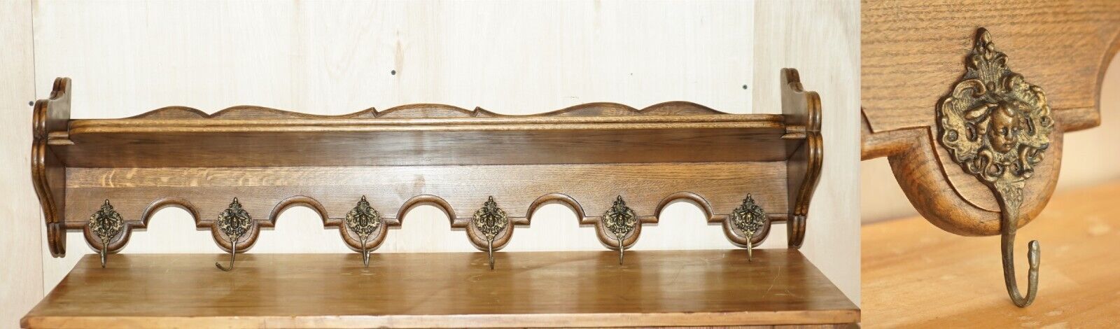 Lovely Antique Dutch Fine Cherub Oak Coat Hat Scarf Wall Rack Hanger Royal Hooks