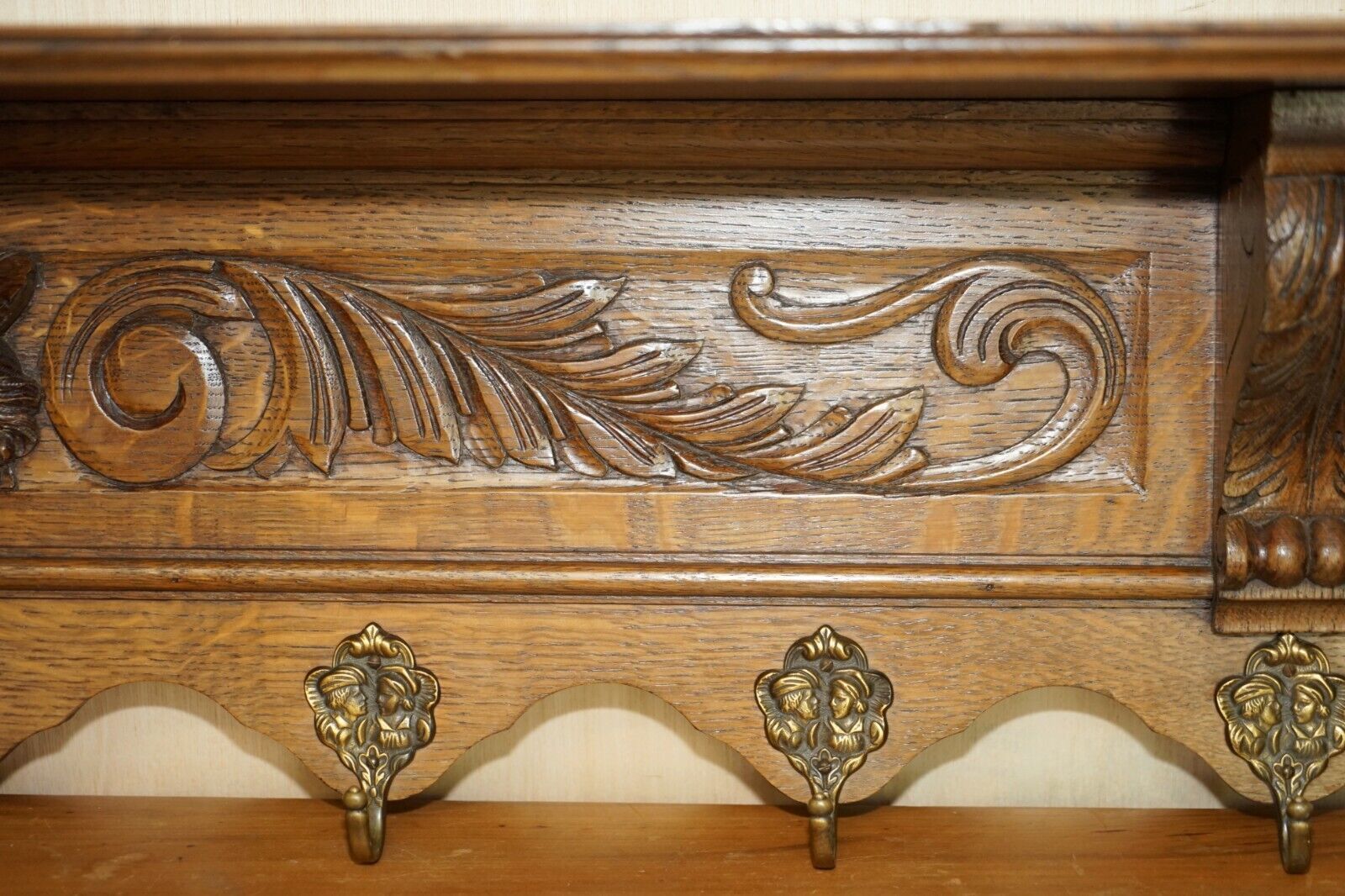 Fine Dutch Heavily Carved Oak Coat Hat Scarf Wall Rack Hanger Romantic Hooks photo vinterior