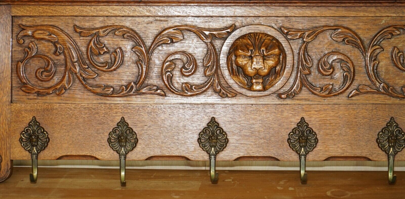Fine Dutch Heavily Carved Oak Coat Hat Scarf Wall Rack Hanger Lion Head Carved photo Furniture