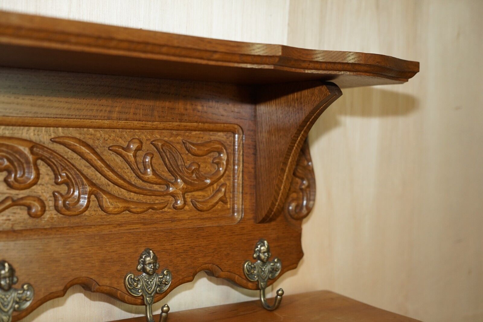 Lovely Dutch Fine Cherub Carved Oak Coat Hat Scarf Wall Rack Hanger Royal Hooks photo vintage
