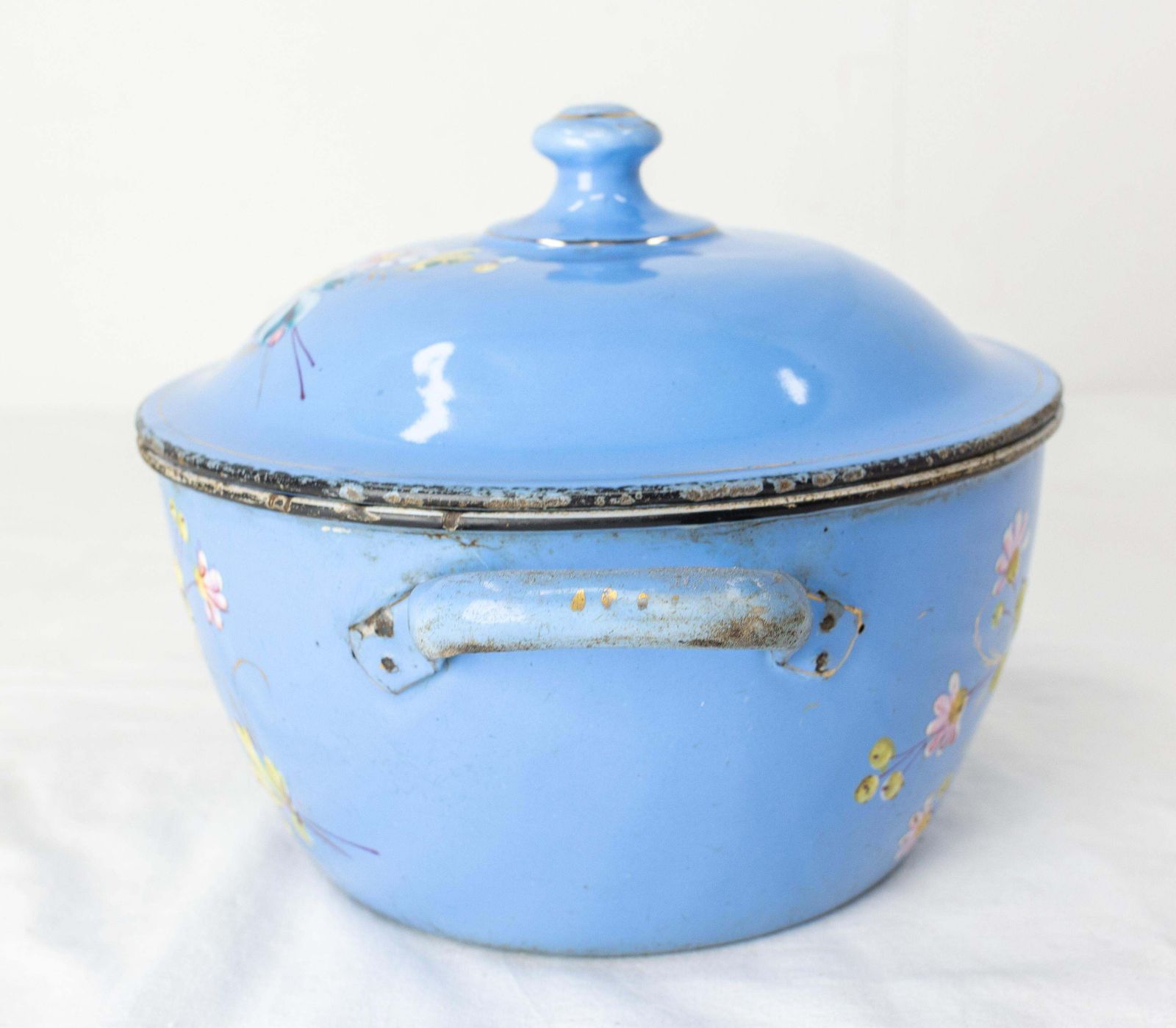 French Country Blue Soup Tureen With Floral Decoration, Enameled Iron, C. 1900 photo for sale