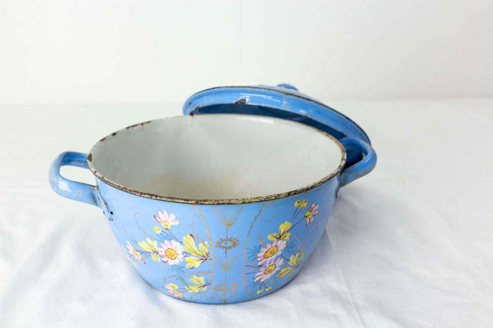 French Country Blue Soup Tureen With Floral Decoration, Enameled Iron, C. 1900 photo vinterior