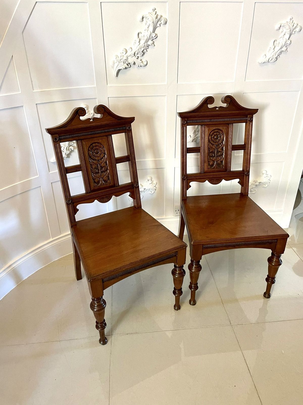 photo for sale Pair Of Quality Antique Carved Walnut Hall Chairs
