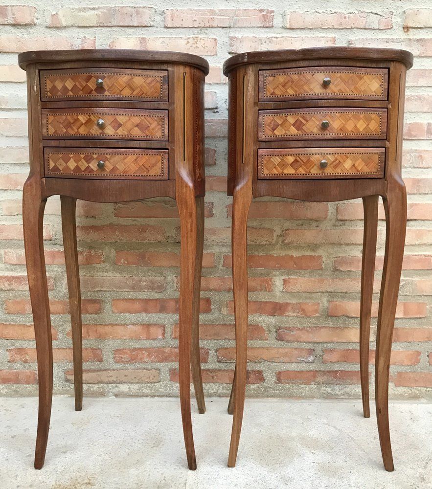 Louis XV Inlaid Walnut 3 Drawer Side Tables Or Nightstands With Marquetry, Set Of 2
