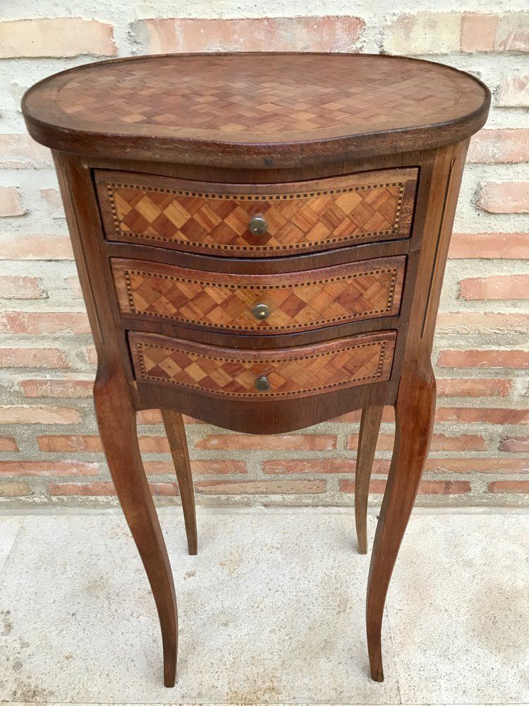 Louis XV Inlaid Walnut 3 Drawer Side Tables Or Nightstands With Marquetry, Set Of 2 photo furniture