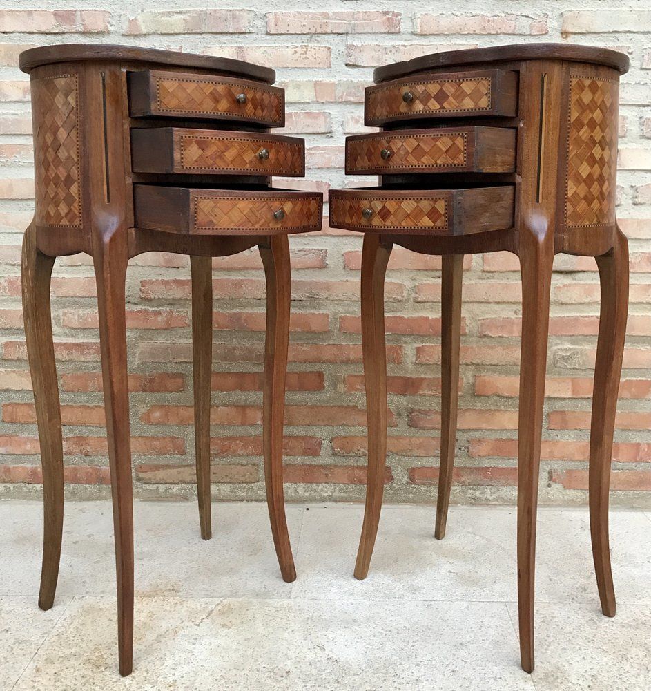photo for sale Louis XV Inlaid Walnut 3 Drawer Side Tables Or Nightstands With Marquetry, Set Of 2