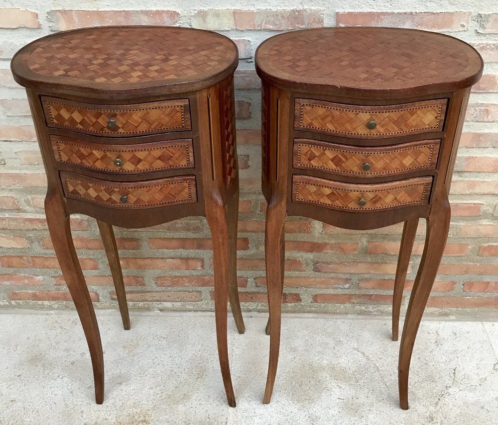 Furniture Louis XV Inlaid Walnut 3 Drawer Side Tables Or Nightstands With Marquetry, Set Of 2 photo