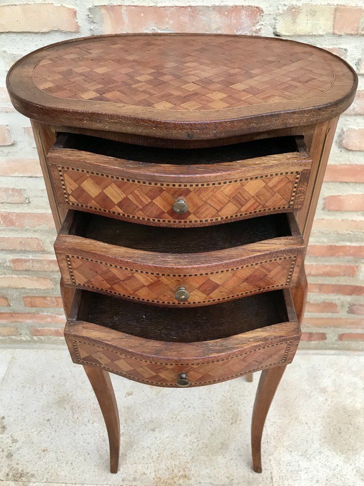 photo vinterior Louis XV Inlaid Walnut 3 Drawer Side Tables Or Nightstands With Marquetry, Set Of 2