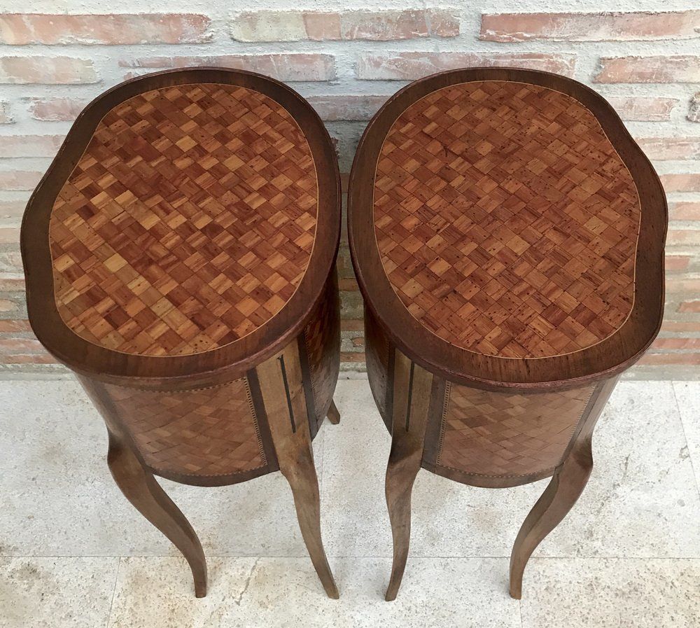 photo buy Louis XV Inlaid Walnut 3 Drawer Side Tables Or Nightstands With Marquetry, Set Of 2