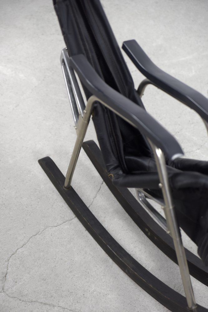Postmodern Black Leather Rocking Chair By Takeshi Nii, 1950s photo vinterior