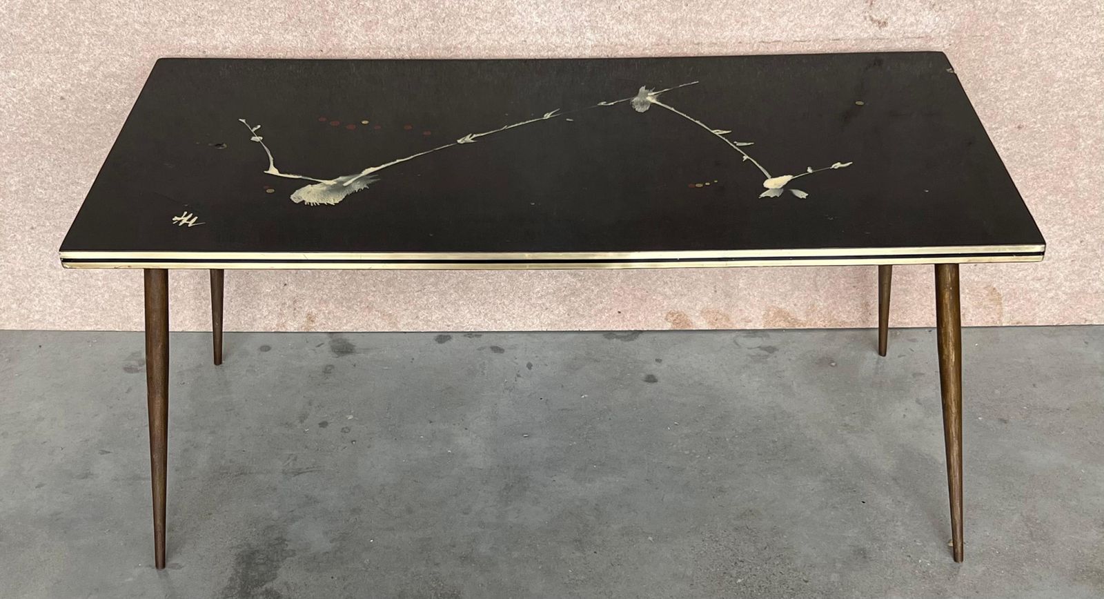 Italian Mid Century Modern Black & Gold Coffee Table With Abstract Painting Top photo vinterior
