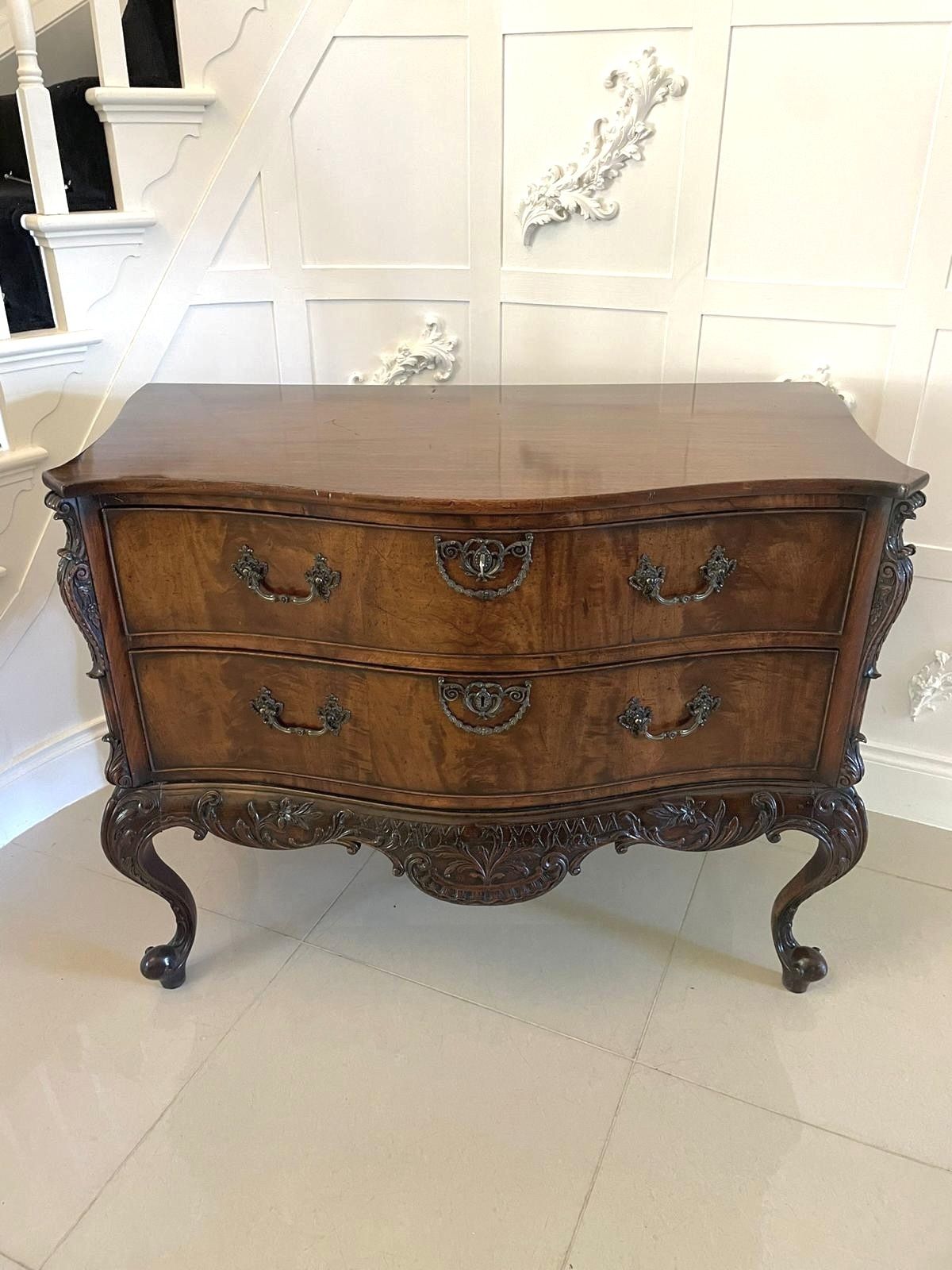 Furniture Outstanding Quality Antique Figured Mahogany Serpentine Shaped Chest Of Drawers photo